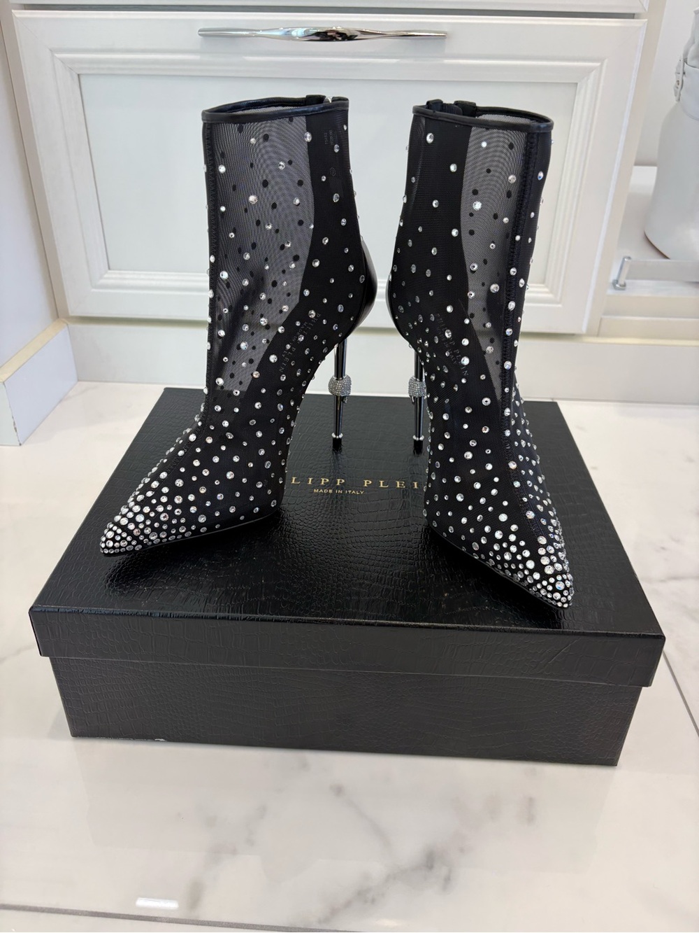 Philipp Plein Black Crystal-Embellished Mesh Pointed-Toe Stiletto Booties